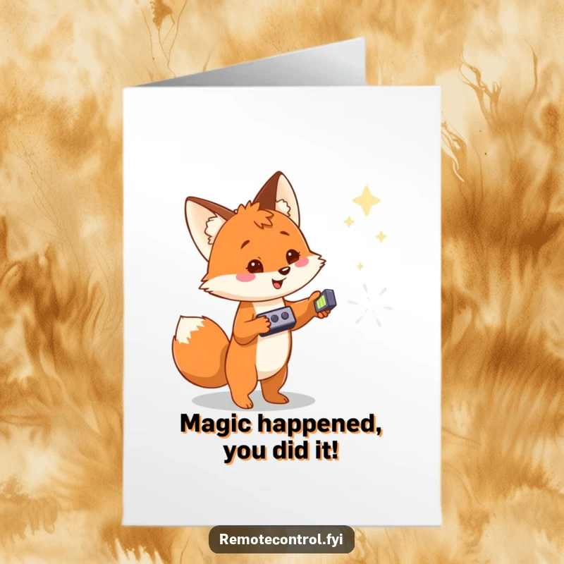 Funny Free Printable Congratulations Card: Happy fox using a remote to activate a distant, magical phenomenon.