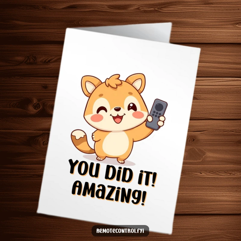 Funny Free Printable Congrats Card: Giggling animal mastering channel changing, perfect for celebrating achievements with humor.