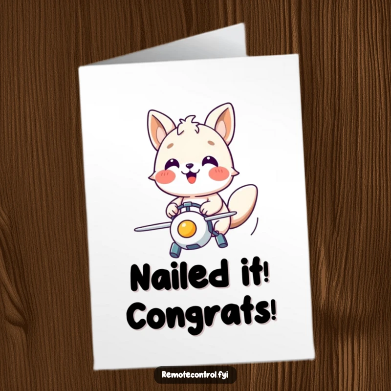 Funny Free Printable Congrats Card: Happy animal controlling a flying toy with focused joy, celebrating success.