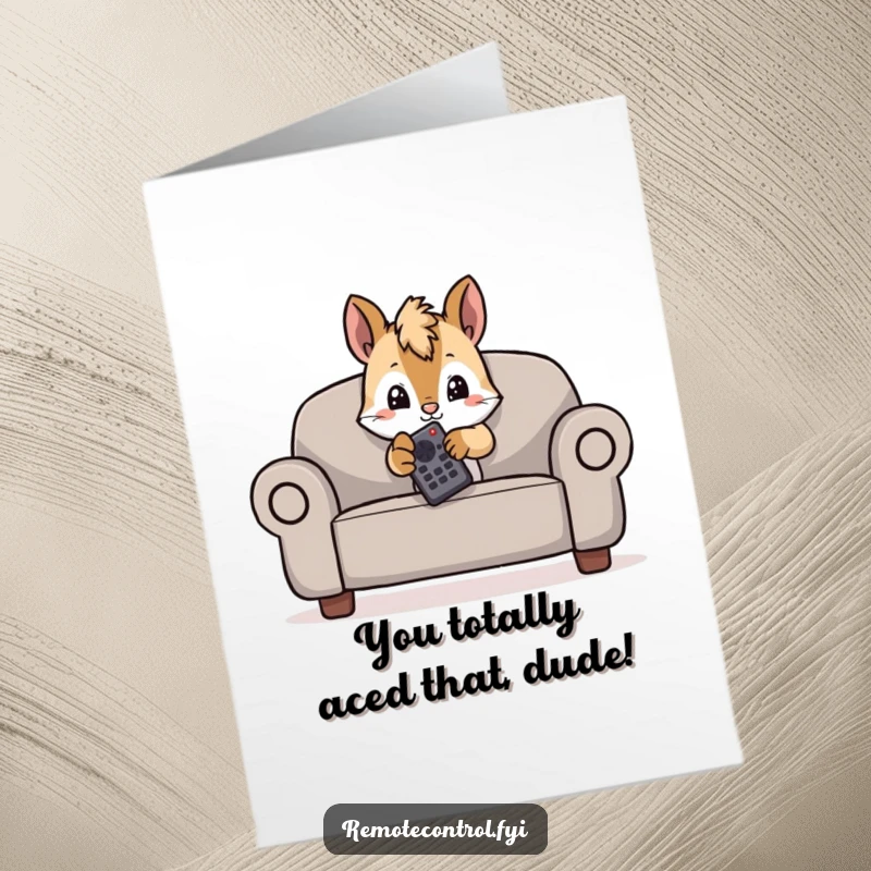 Free Printable Congratulations Card: Mischievous squirrel peeking with a remote, ready to celebrate their victory with style.