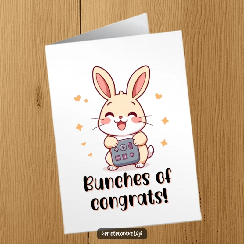 Funny Free Printable Congrats Card: Cheerful rabbit pressing multiple buttons on a remote with great energy for success.