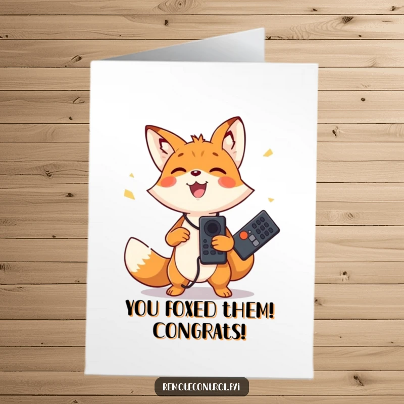 Funny free printable congratulations card featuring a happy fox masterfully juggling two remote controls, showcasing impressive celebratory skills.