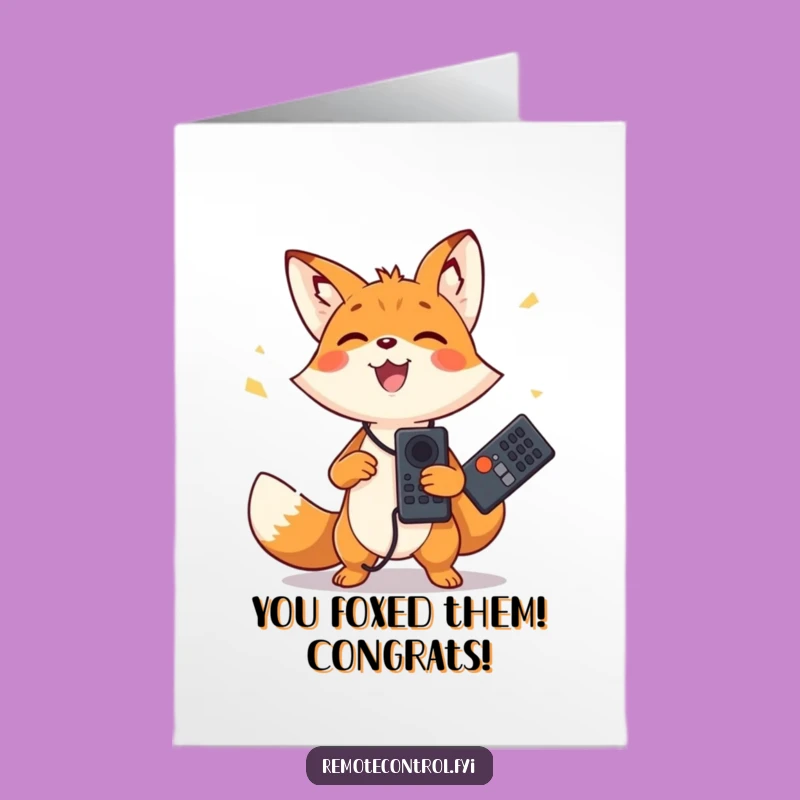 Free Printable Fox Congrats Card: Juggling Remotes, Funny Downloadable Gift