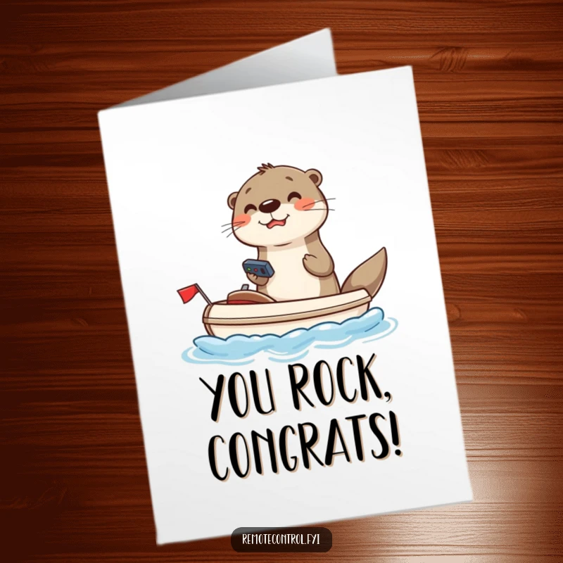 Funny Free Printable Otter Congratulations Card: Joyful otter steering toy boat with remote, celebrating success.