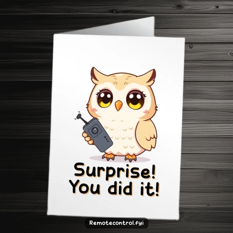 Funny Free Printable congratulations card featuring a shy owl character holding a remote, eyes wide with surprised delight at an achievement.