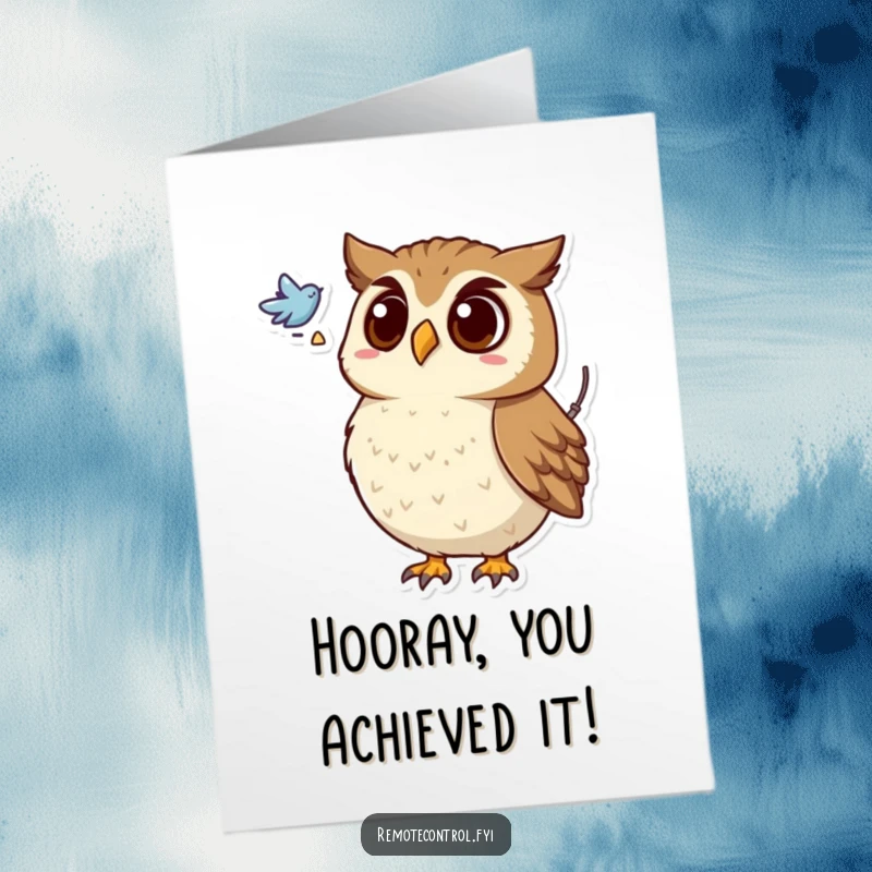 Funny Free Printable Congratulations Card: Surprised owl holding a remote, witnessing a flying symbol appear unexpectedly.