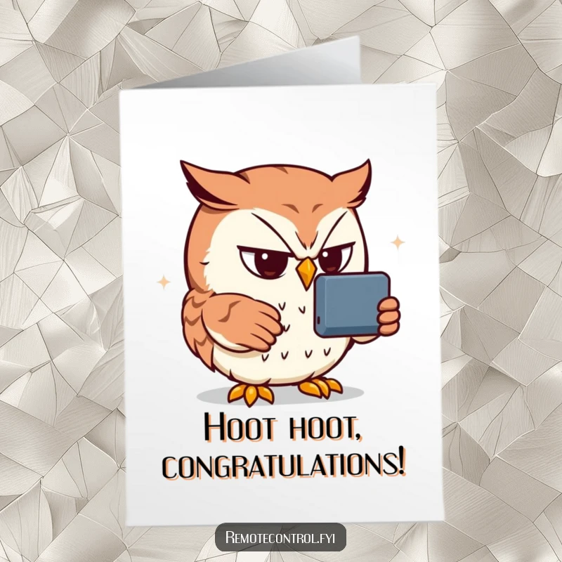 Funny Free Printable Owl Congratulations Card: Owl smirking with remote, having achieved a TV victory.