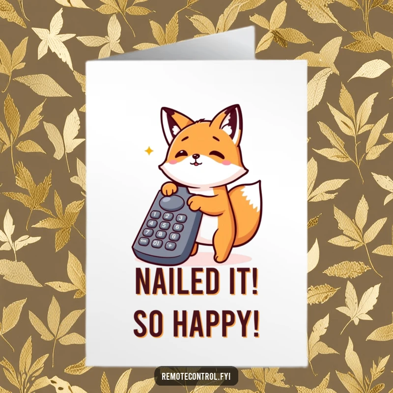 Funny Free Printable congratulations card featuring a kawaii fox gleefully mashing buttons on a huge remote, celebrating a successful outcome.