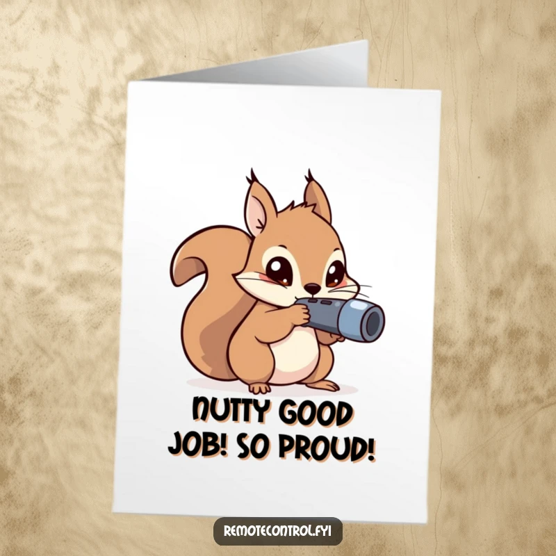 Funny Free Printable Congrats Card: A kawaii squirrel with mischievous eyes aims a remote, celebrating their clever victory.