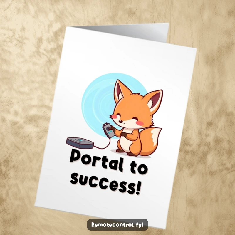 Funny Free Printable Congrats Card: Curious fox with a remote, aiming it at a swirling portal, signifying new beginnings.