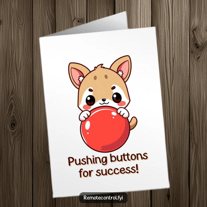 Funny Free Printable Congratulations Card: Determined animal pressing a large red button, celebrating success.