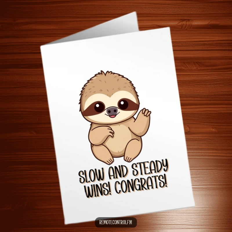 Funny Free Printable Congrats Card: A content sloth slowly pushes a button with a single finger, taking its time.