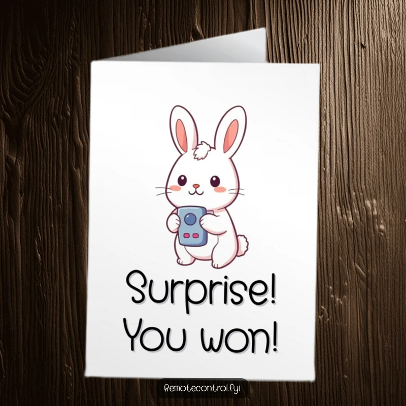 Funny Free Printable congratulations card with a kawaii rabbit holding a remote, eyes wide in surprise at a button’s unexpected result.