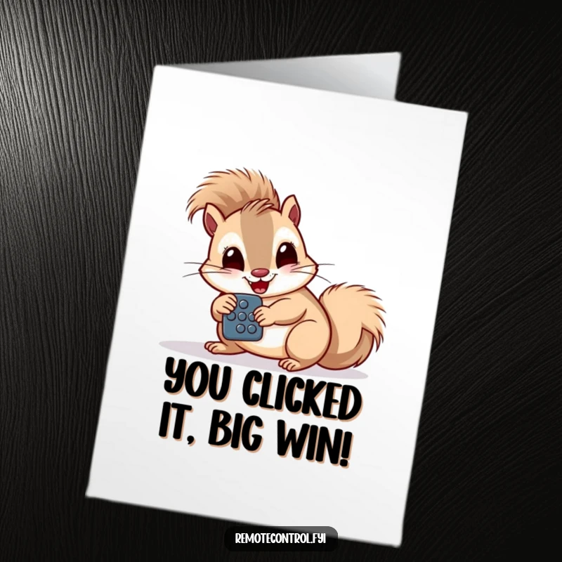 Funny Free Printable Squirrel Congratulations Card: A giggling squirrel intently studies a large-buttoned remote control.