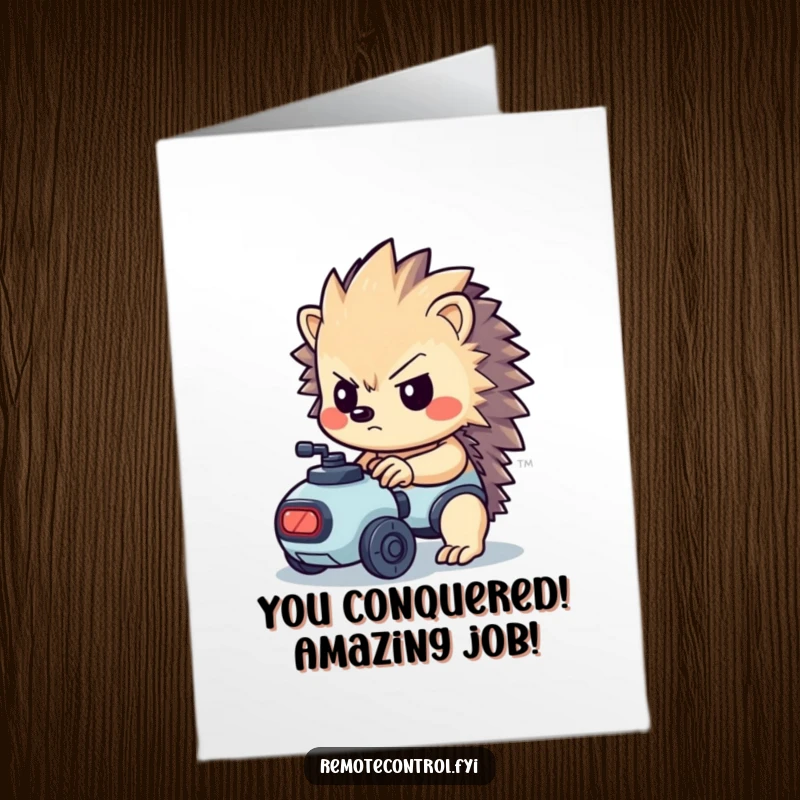 Funny Free Printable Congrats Card: A kawaii hedgehog with a determined look operates a tiny robot, signifying achieved goals.