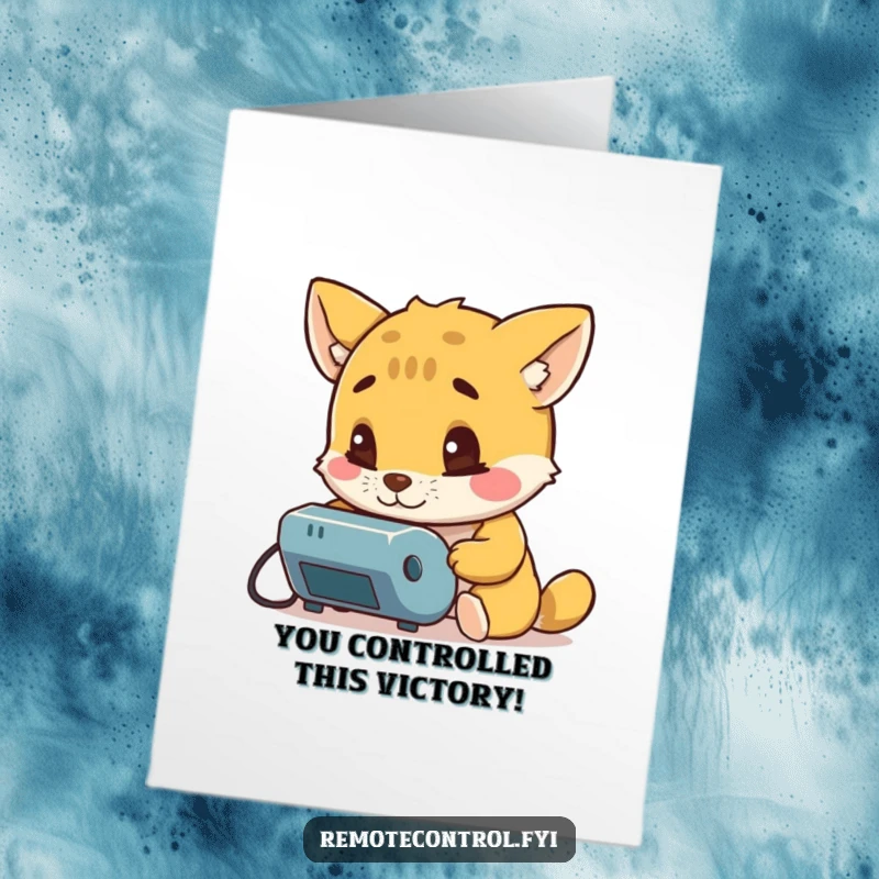 Funny Free Printable Congratulations Card: Curious animal studying a remote control, ready to celebrate your success.