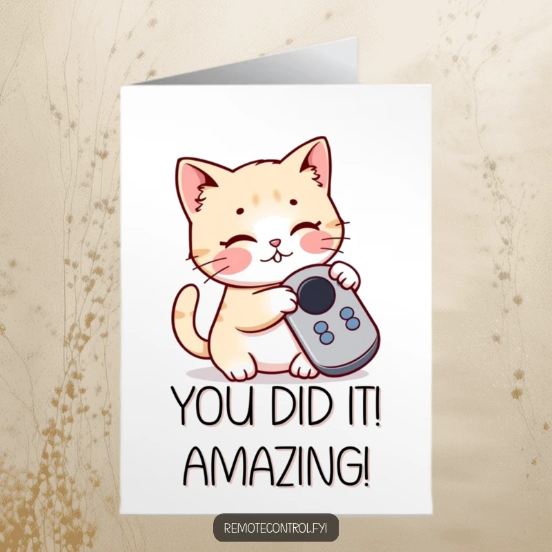 Funny Free Printable congratulations card showing a cute kawaii cat batting playfully at a remote control button, celebrating success with feline energy.