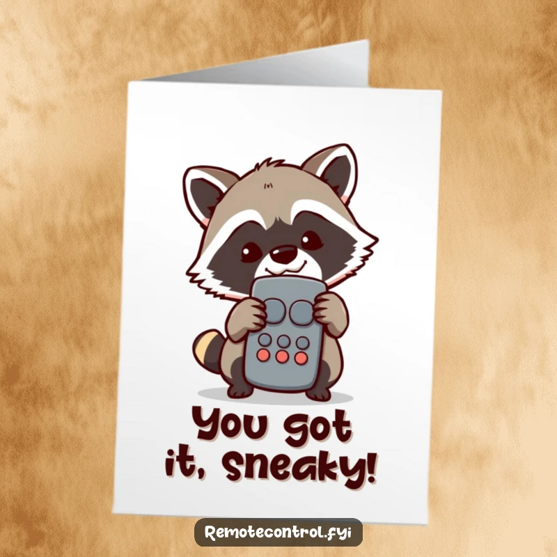 Funny Free Printable congratulations card with a mischievous raccoon hiding behind a remote control, celebrating a sly victory with a grin.