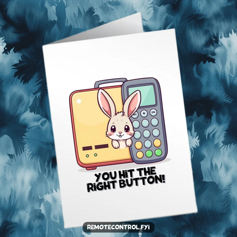 Funny Free Printable Congratulations Card: Curious bunny peeking from behind a giant remote, celebrating a win.
