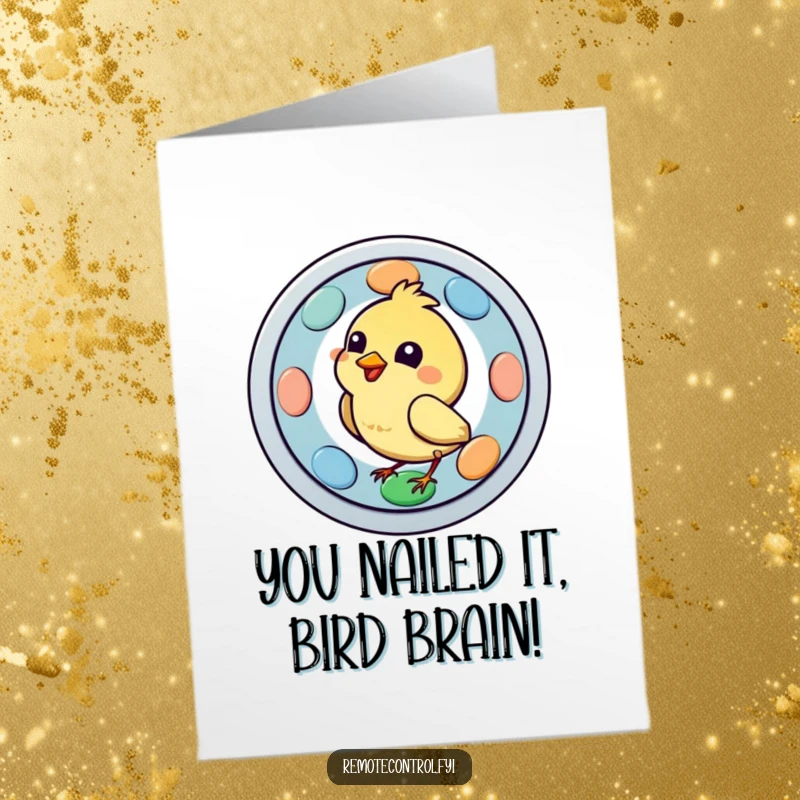 Funny Free Printable Congratulations Card: A cheerful bird character pecks enthusiastically at a large remote control button.