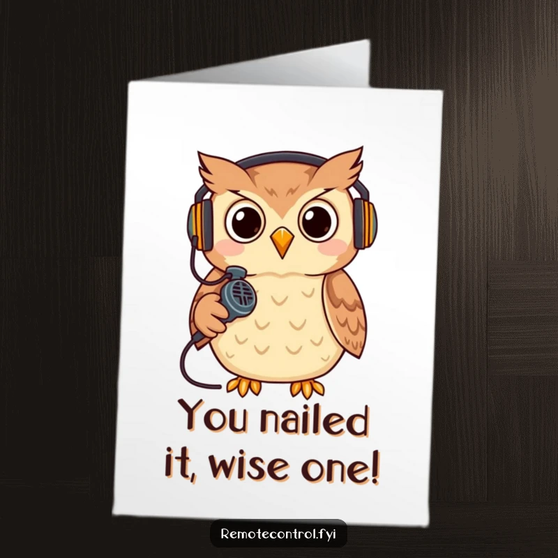 Funny Free Printable Congratulations Card with a cool owl in a headset, holding a remote like a mic, celebrating an achievement, digital download.