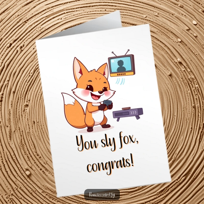 Funny Free Printable Congrats Card: Sly fox grinning and aiming a remote control at a floating TV screen. Humorous downloadable art.