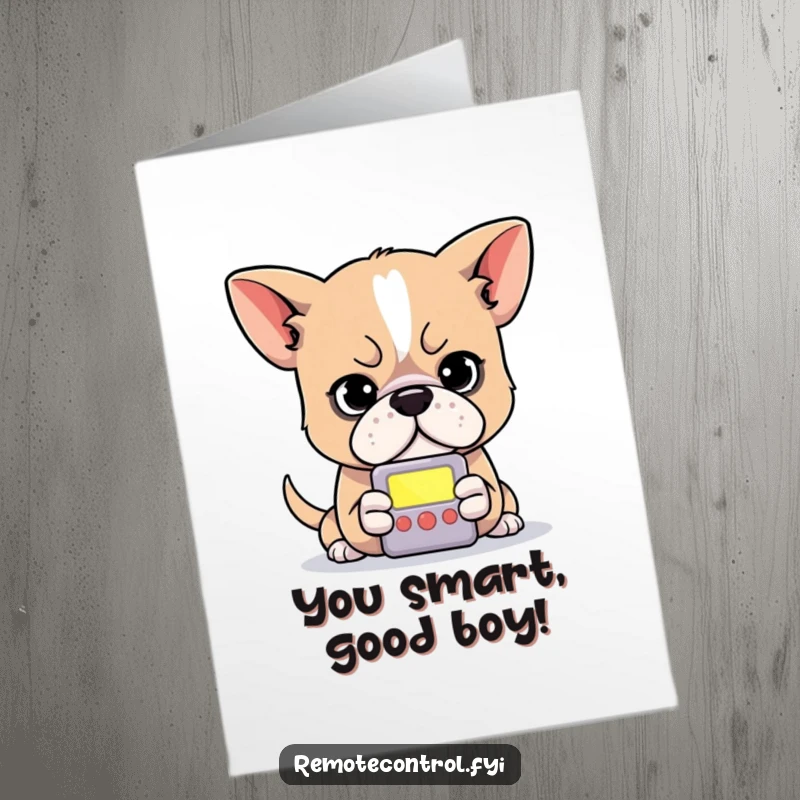Funny Free Printable Congrats Card: Determined dog intently focusing on the small, glowing screen of a remote.