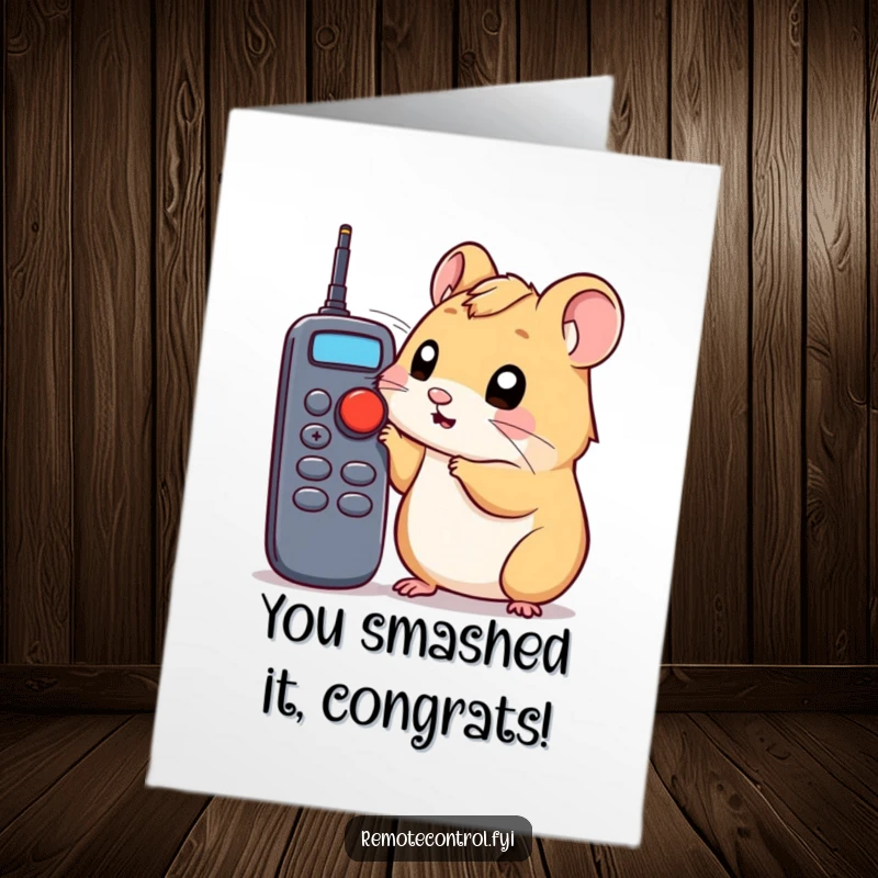 Funny Free Printable Hamster Congratulations Card: Hamster poking remote button with nose, looking triumphant.
