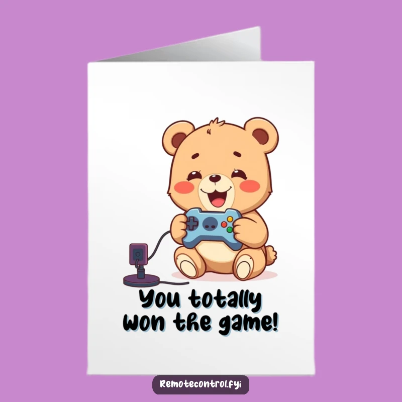 Free Printable Congrats Card: Gaming Bear Cub Victory Celebration Downloadable Gift