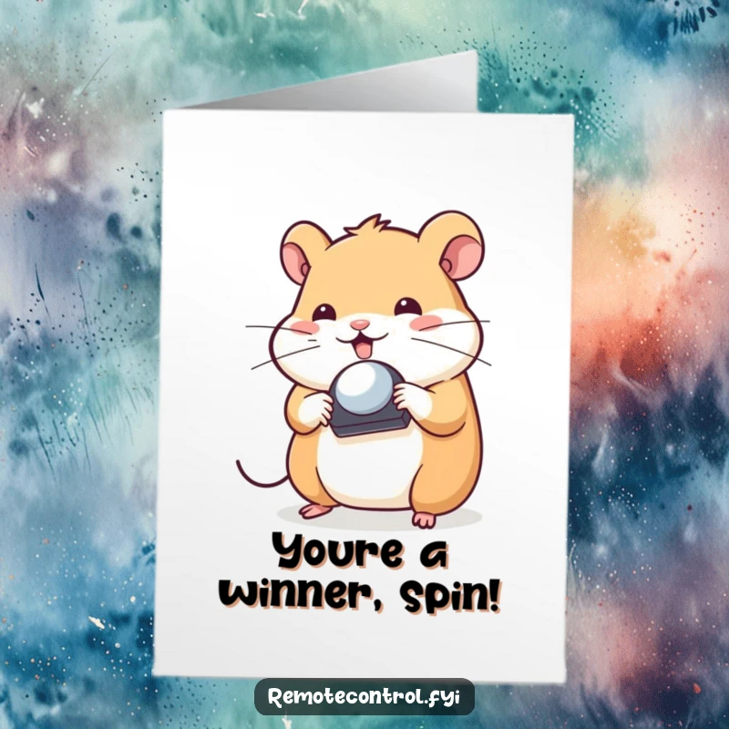 Funny Free Printable congratulations card with a playful hamster character balancing a remote control on its nose, celebrating a skillful win.