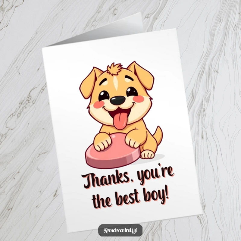 Funny free printable thank you card: a happy dog presses a big button, sending thanks.