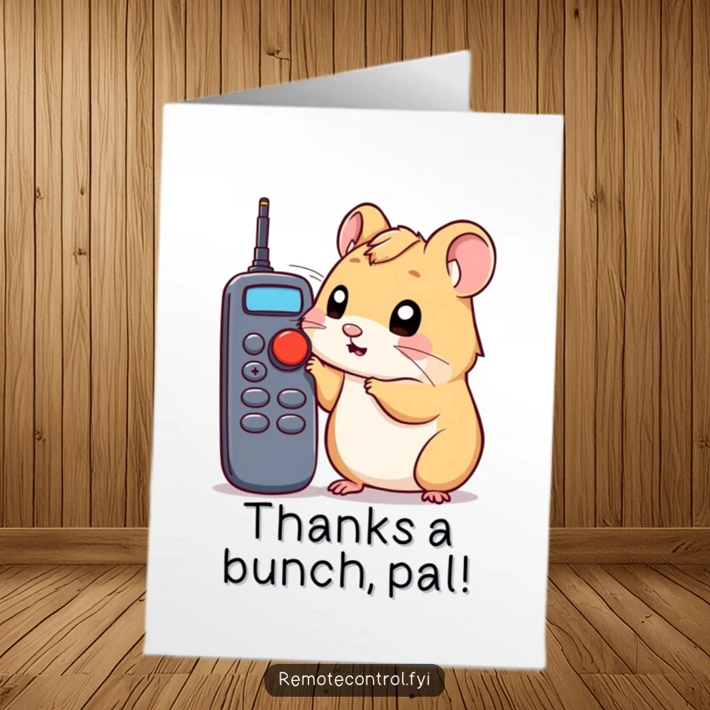 Funny Free Printable Hamster Thank You Card: Hamster curiously poking remote button with nose, expressing thanks.