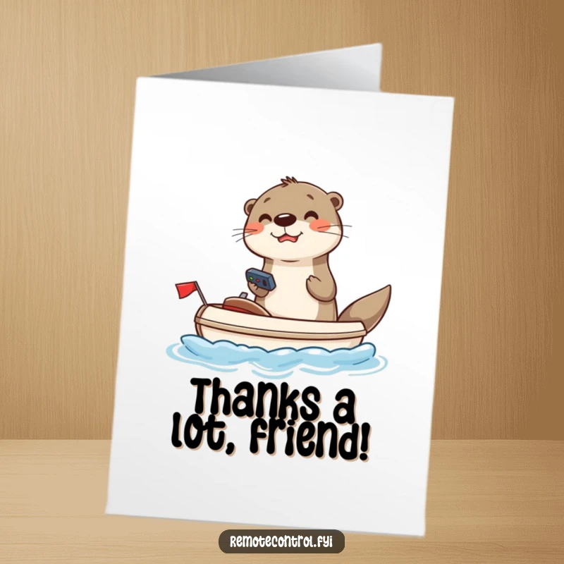 Funny Free Printable Otter Thank You Card: Joyful otter steering toy boat with remote, showing thanks.