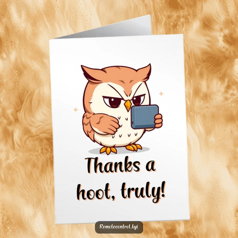 Funny Free Printable Owl Thank You Card: Owl holding remote, looking thankful and wise.