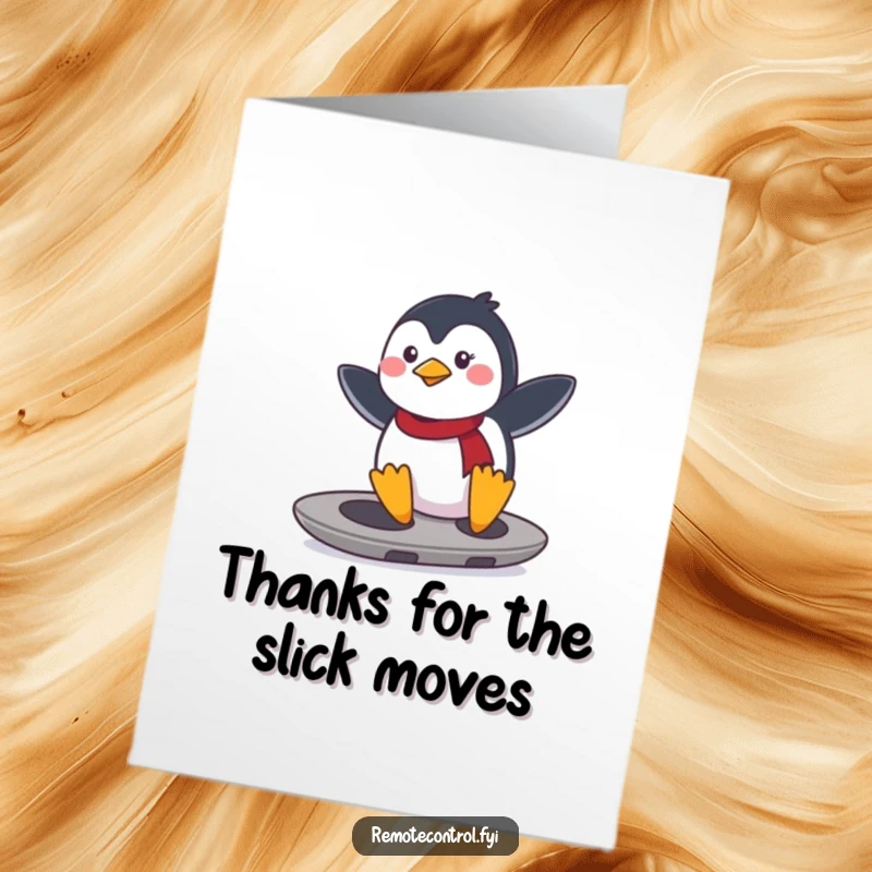 Funny Free Printable Thank You Card showing a determined penguin happily surfing a remote control as if it were a surfboard, expressing thanks.