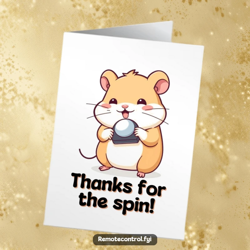 Funny Free Printable thank you card featuring a playful hamster character spinning a remote control on its nose, showing thanks.