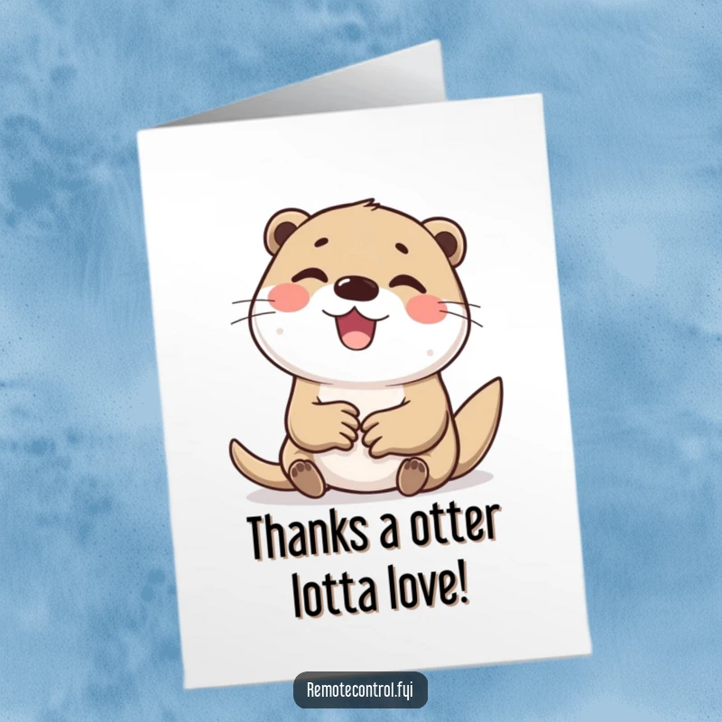 Funny Free Printable Thank You Card: Cheerful otter tapping buttons with gratitude, a unique way to say thanks.