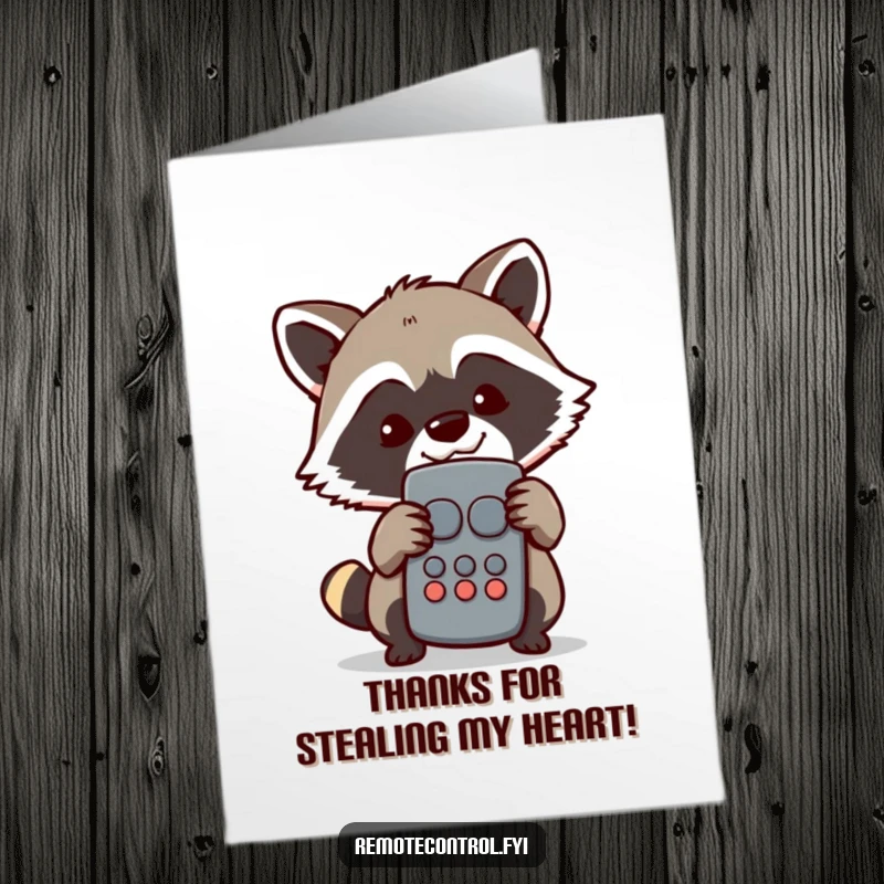 Funny Free Printable thank you card featuring a mischievous raccoon hiding behind a remote control, giving a grateful yet sneaky grin.