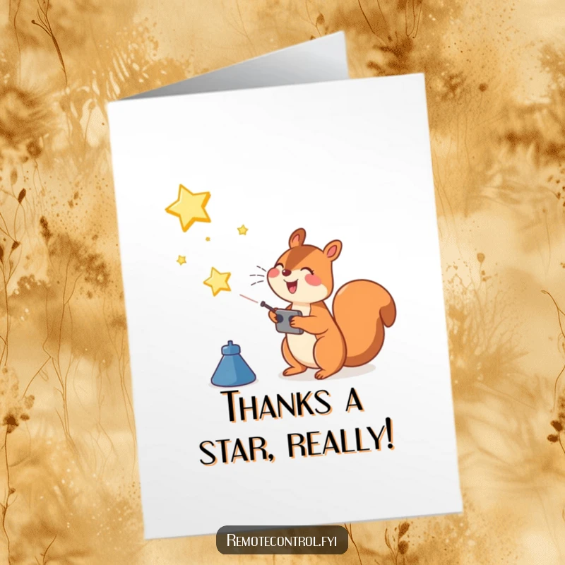 Funny Free Printable thank you card featuring a joyful squirrel character using a remote to launch a star into the sky, expressing thanks.