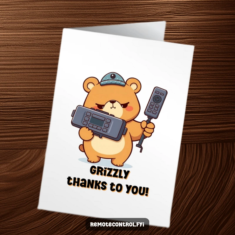 Funny Free Printable Thank You Card: A determined bear character holds a giant remote control with a very serious look.