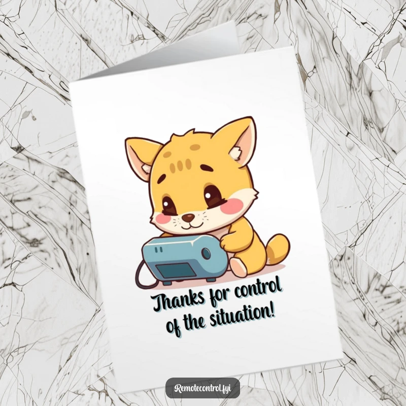 Funny Free Printable Thank You Card: Curious animal examining a remote control, contemplating thanks.