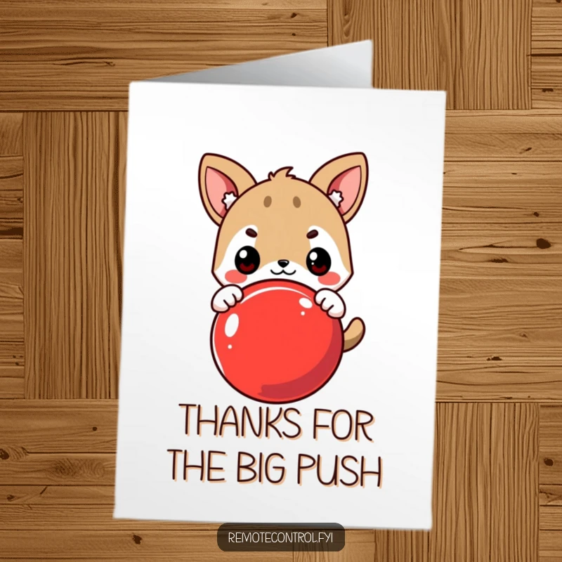 Funny Free Printable Thank You Card: Cute animal eagerly pressing a large red button, determined to say thanks.