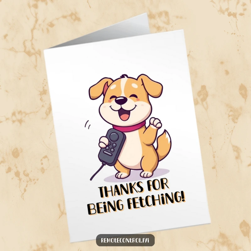 Funny Free Printable Thank You Card: A silly dog is happily spinning a remote control around its paw.