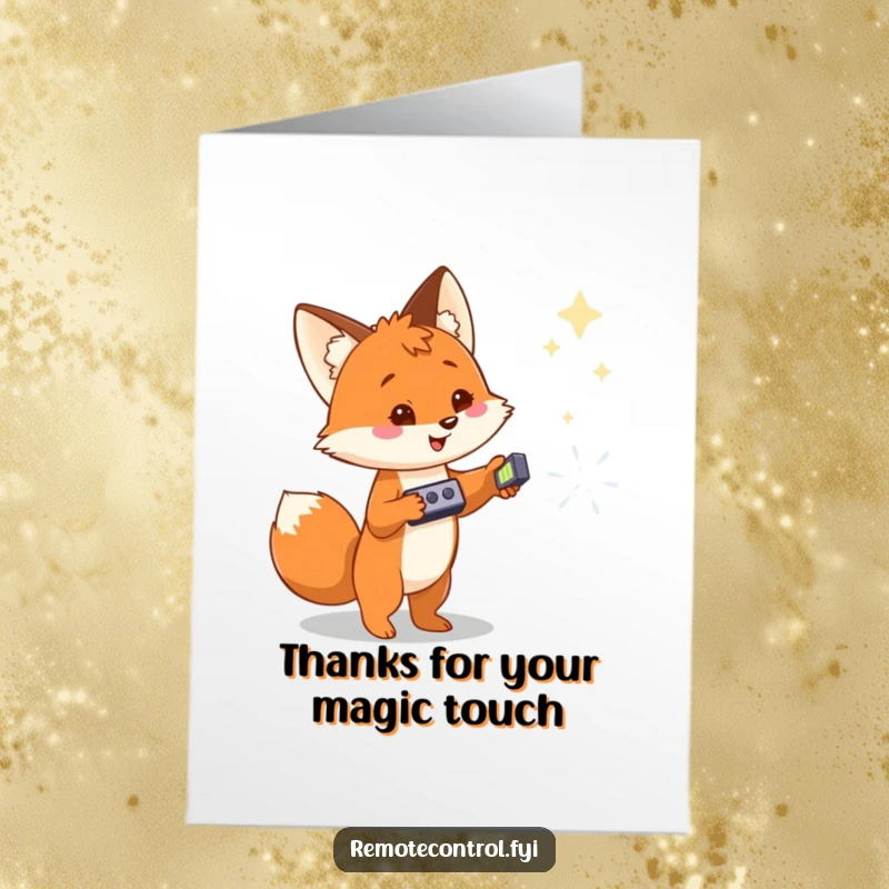 Funny Free Printable Thank You Card: Cheerful fox holding a remote, pointing at a magical object to express thanks.