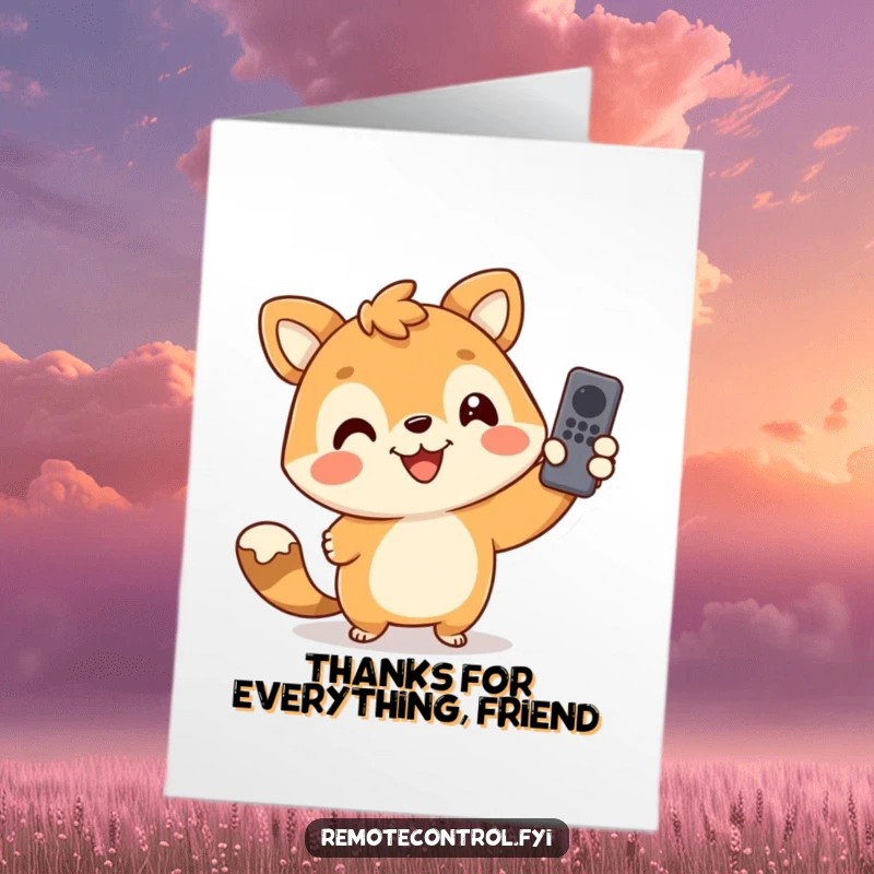 Funny Free Printable Thank You Card: Happy animal excitedly using a remote, showing gratitude with comedic flair.