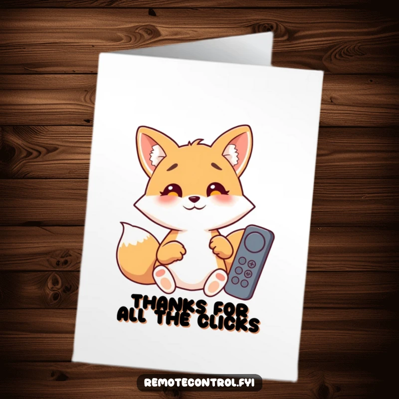 Funny Free Printable Thank You Card: A giggling fox with wide eyes looks bewildered, holding multiple remote controls.