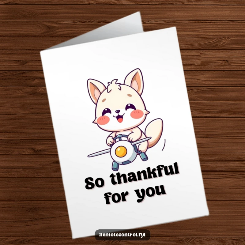 Funny Free Printable Thank You Card: Happy animal controlling a flying toy with focused joy, a fun thank you.