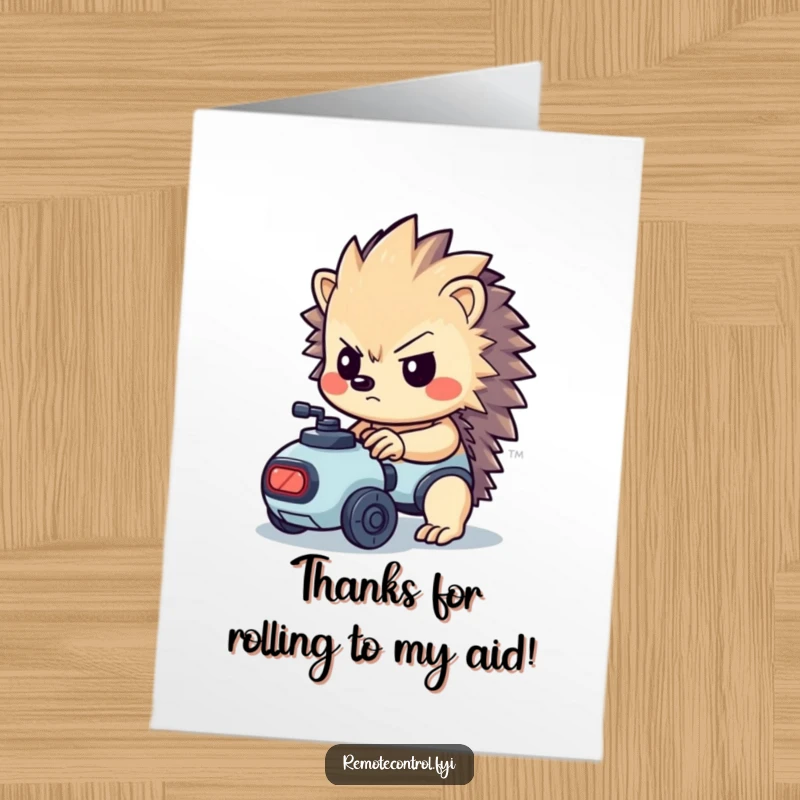 Funny Free Printable Thank You Card: A determined kawaii hedgehog meticulously controls a tiny robot, conveying thanks.