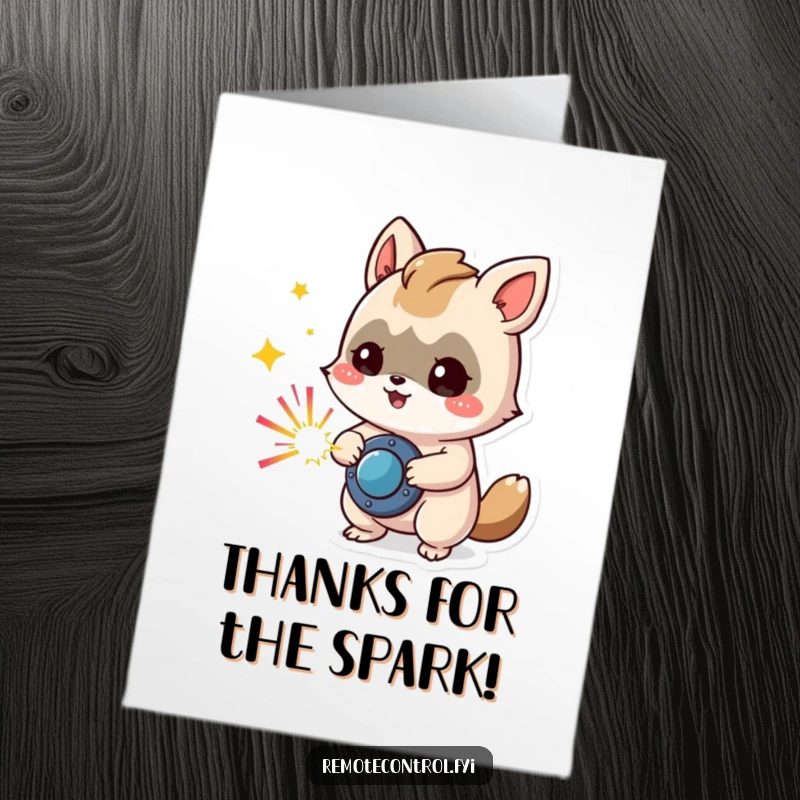 Funny Free Printable Thank You Card: Mischievous animal pressing a button that emits celebratory colorful sparks.