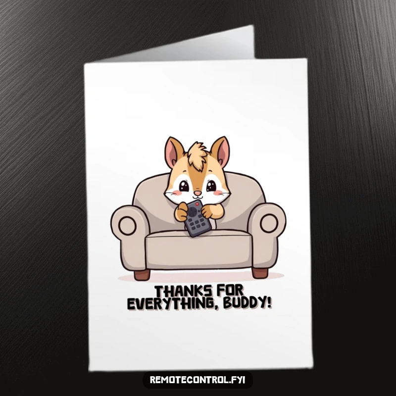 Funny Free Printable Thank You Card: Mischievous squirrel peeking with a remote, plotting a thank you surprise.